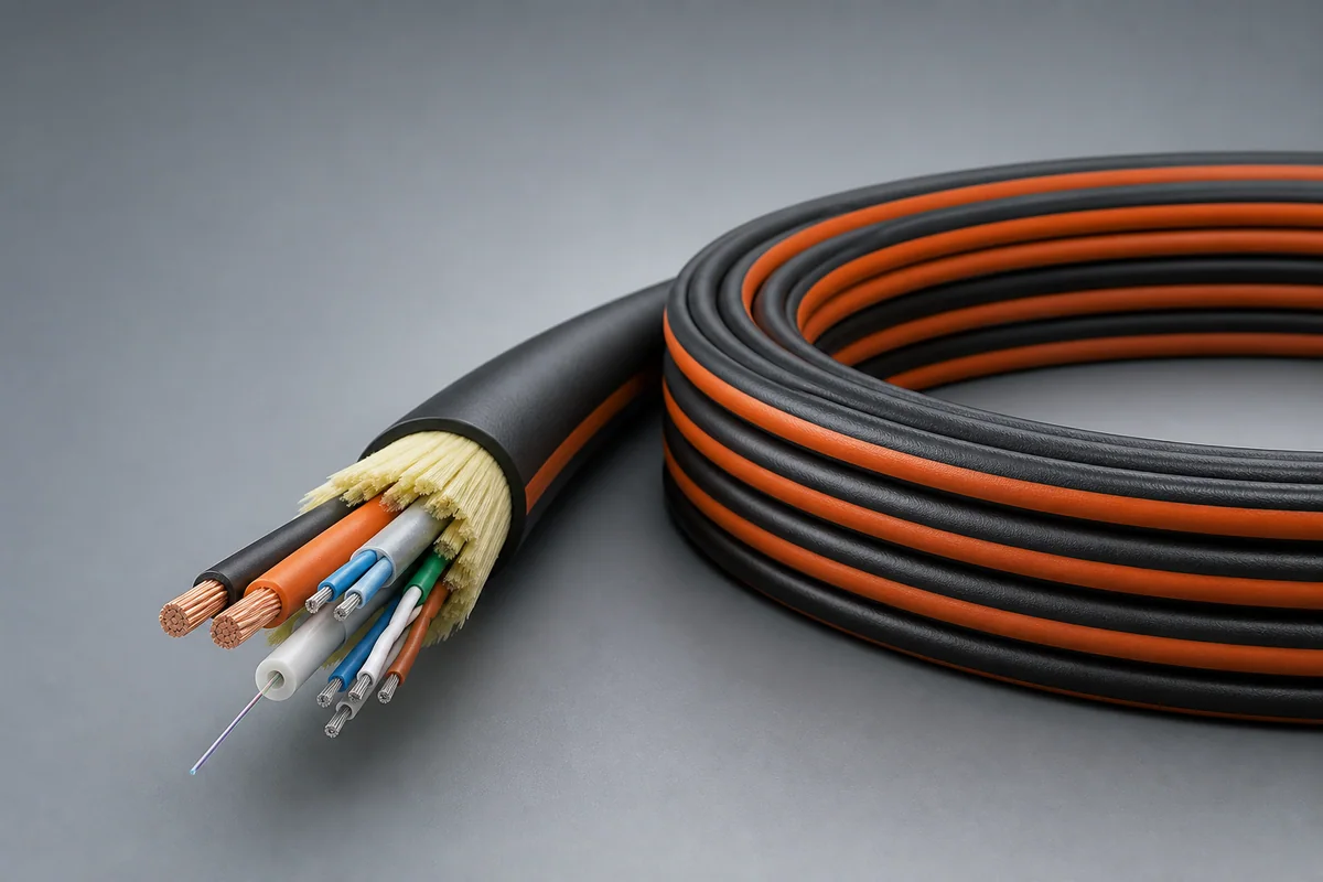 Tethered drone power data fiber hybrid cable construction
